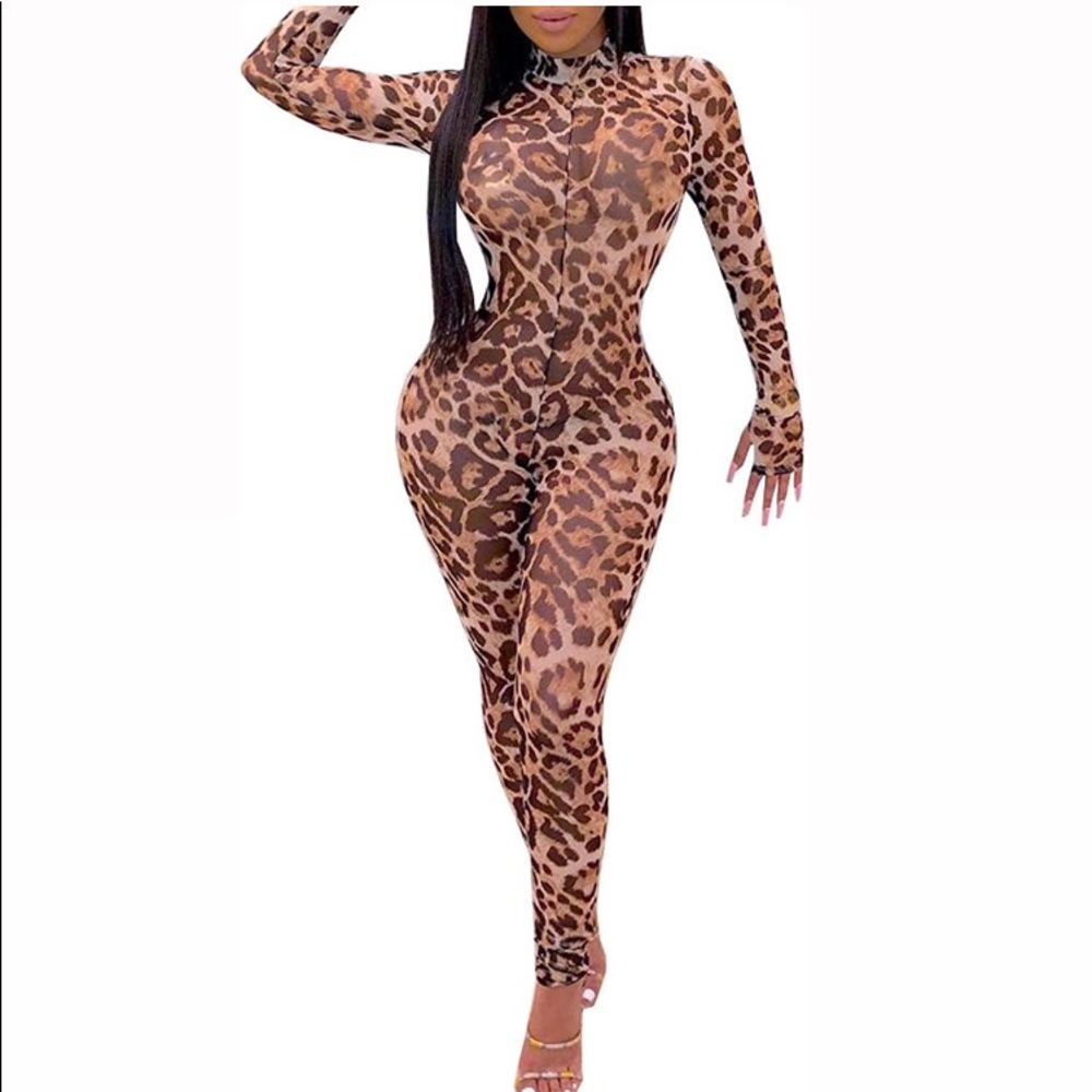 Mesh brown leopard jumpsuit